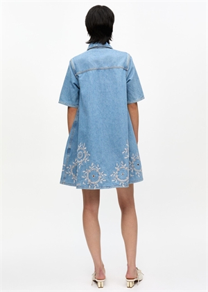 Broderie Anglaise denim mini kjole Light Blue Stone J1694 Ganni 